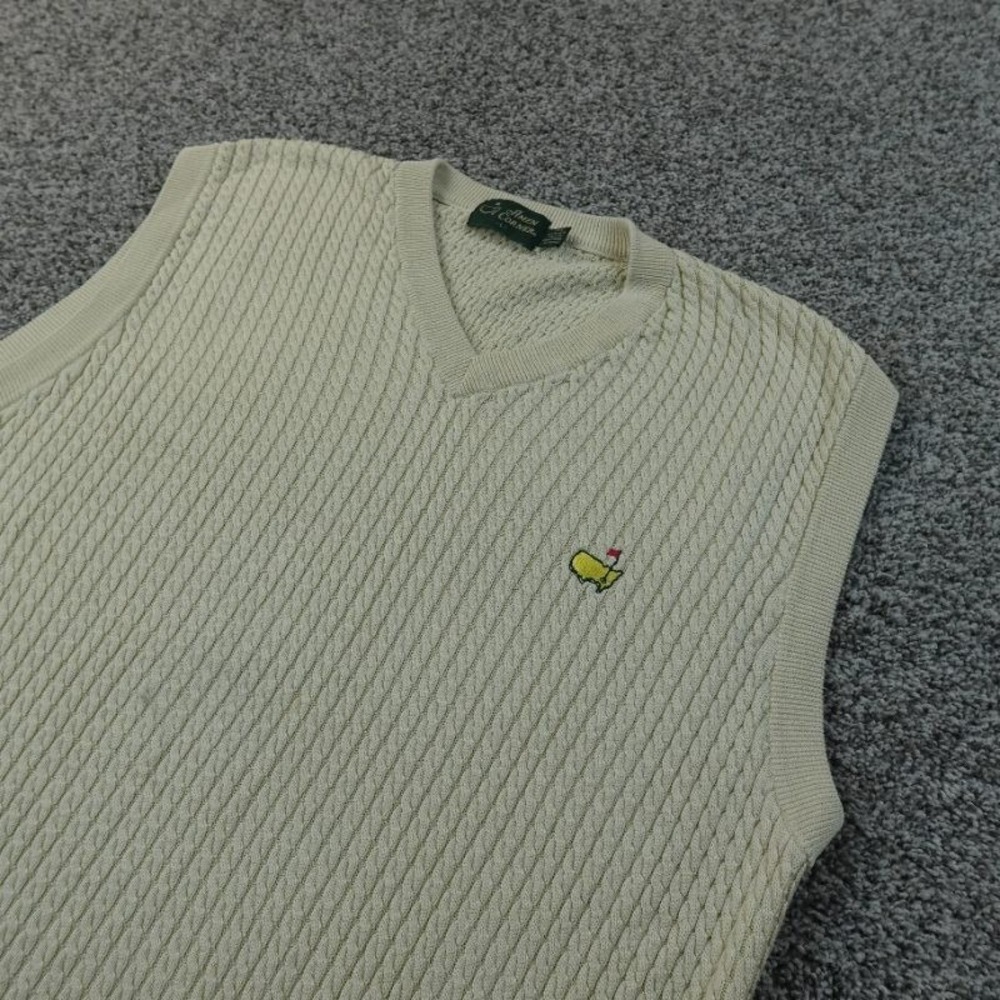 VTG Masters Sweater Mens L Beige Cable Knit Silk Augusta National Golf Vest Top‎